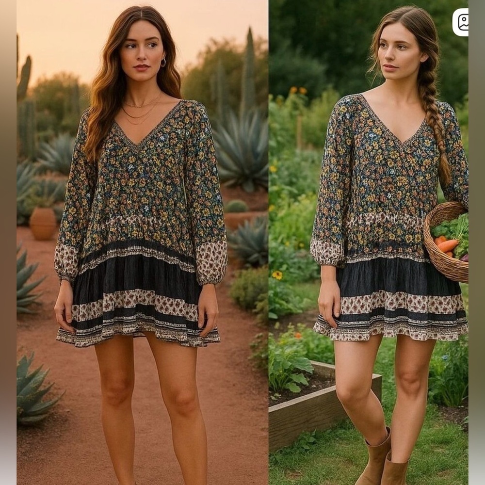 NWT FREE PEOPLE S Gardenia black combo Shabby Chic boho 100% cotton Mini dress